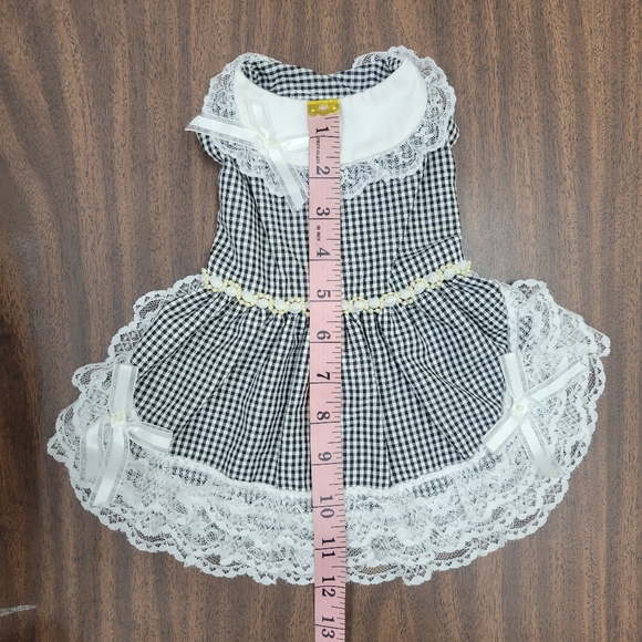 🐩🐩HANDMADE🐩🐩 Beautiful Gingham Dog Dress with Lace, Ribbon Pearls & Bows S - Picture 6 of 9